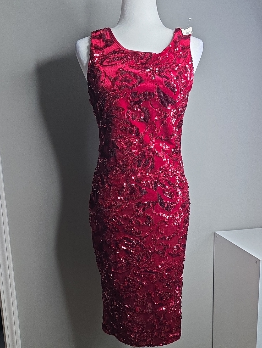 monaco Crimson Sequin Midi Sheath Dress